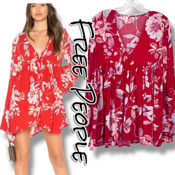Free People Bella Red Multicolor Floral Tunic Empire Waist Babydoll Womens Sz S - Picture 1 of 12
